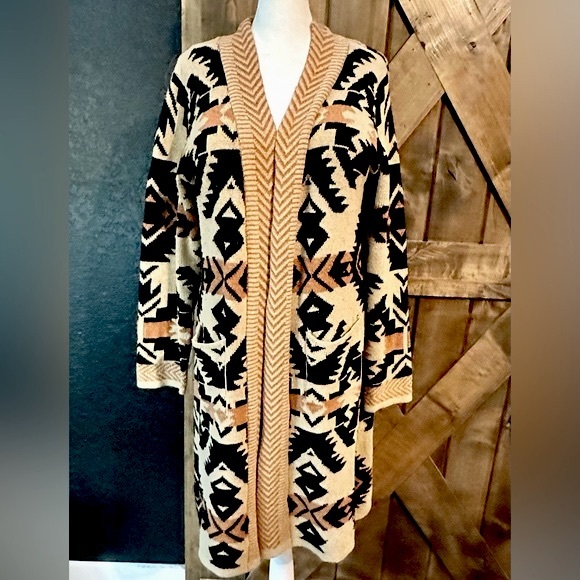 ON BLUE Jackets & Blazers - Brown and Black Aztec Design Long Sweater Cardigan